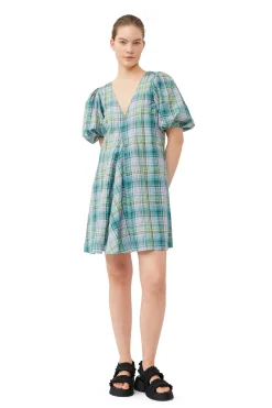 Store GANNI Seersucker Check V-Neck Mini Dress Lagoon