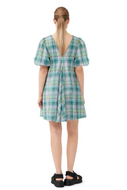 Store GANNI Seersucker Check V-Neck Mini Dress Lagoon