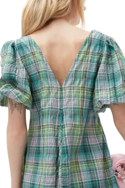 Store GANNI Seersucker Check V-Neck Mini Dress Lagoon