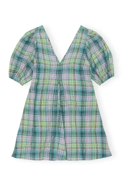 Store GANNI Seersucker Check V-Neck Mini Dress Lagoon