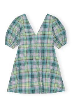 Store GANNI Seersucker Check V-Neck Mini Dress Lagoon