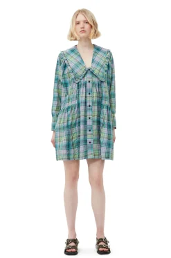 Cheap GANNI Seersucker Check Wide Shirt Dress Lagoon