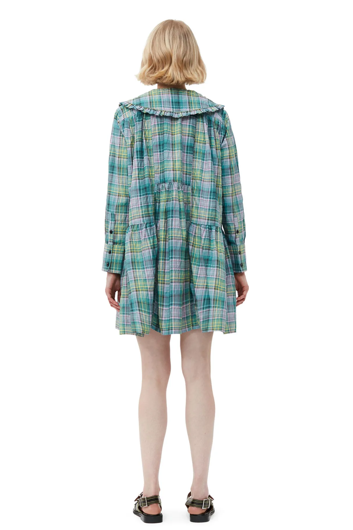 Cheap GANNI Seersucker Check Wide Shirt Dress Lagoon