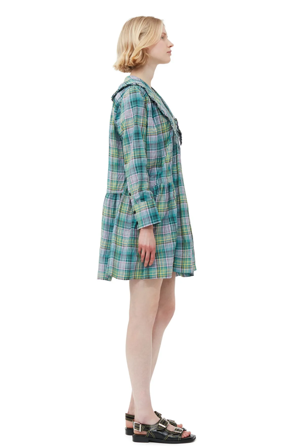 Cheap GANNI Seersucker Check Wide Shirt Dress Lagoon