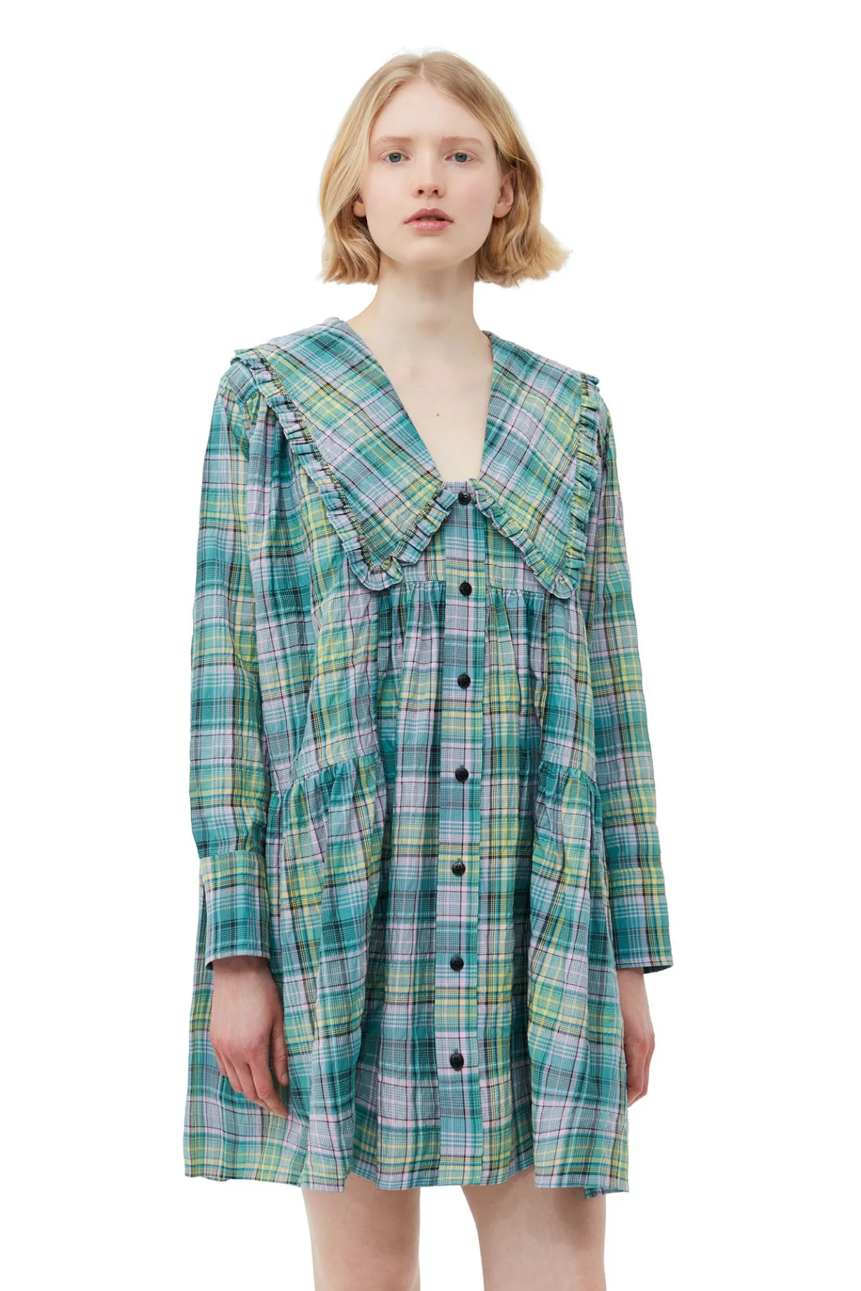 Cheap GANNI Seersucker Check Wide Shirt Dress Lagoon