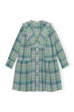 Cheap GANNI Seersucker Check Wide Shirt Dress Lagoon