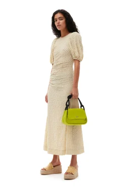 New GANNI Seersucker Puff Sleeves Dress Pale Khaki