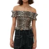Cheap GANNI Sheer Voile Cropped Off-Shoulder Smock Top Almond Milk