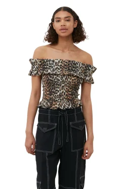 Cheap GANNI Sheer Voile Cropped Off-Shoulder Smock Top Almond Milk