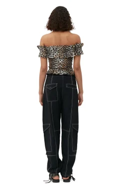 Cheap GANNI Sheer Voile Cropped Off-Shoulder Smock Top Almond Milk