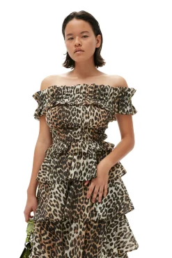 Cheap GANNI Sheer Voile Cropped Off-Shoulder Smock Top Almond Milk