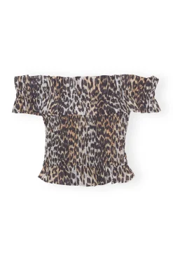 Cheap GANNI Sheer Voile Cropped Off-Shoulder Smock Top Almond Milk