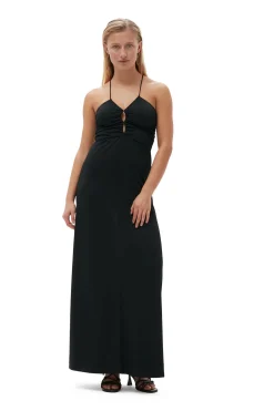 Shop GANNI Shiny Crepe Jersey Maxi Dress Black