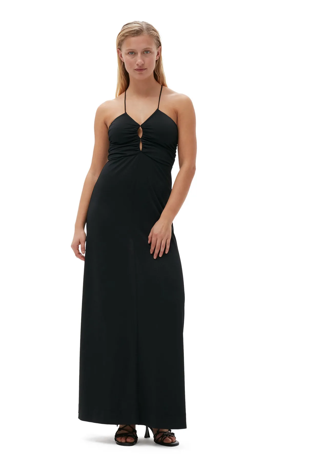 Shop GANNI Shiny Crepe Jersey Maxi Dress Black