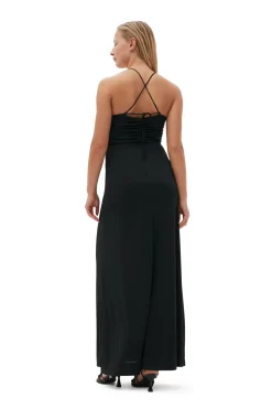 Shop GANNI Shiny Crepe Jersey Maxi Dress Black
