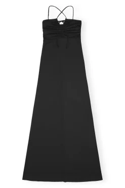Shop GANNI Shiny Crepe Jersey Maxi Dress Black