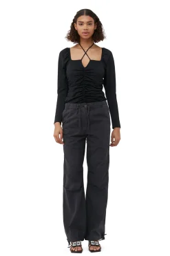 Best GANNI Shiny Crepe Jersey Ruched Blouse Black