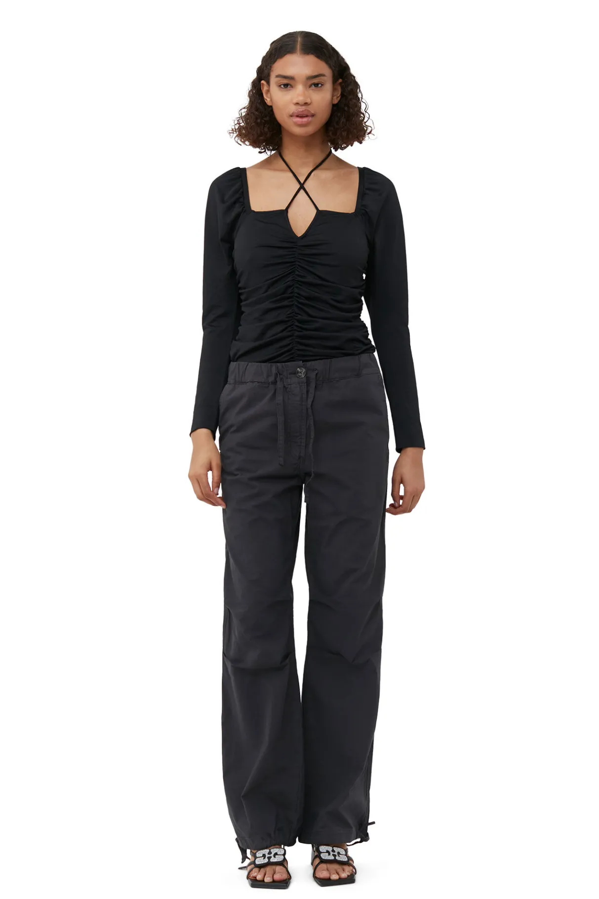 Best GANNI Shiny Crepe Jersey Ruched Blouse Black