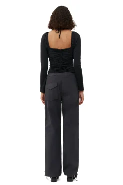Best GANNI Shiny Crepe Jersey Ruched Blouse Black