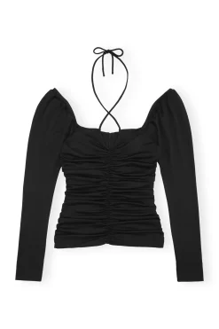 Best GANNI Shiny Crepe Jersey Ruched Blouse Black