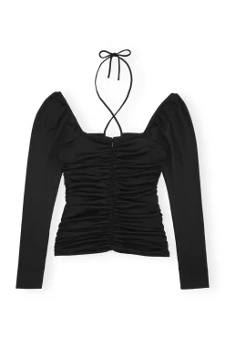 Best GANNI Shiny Crepe Jersey Ruched Blouse Black