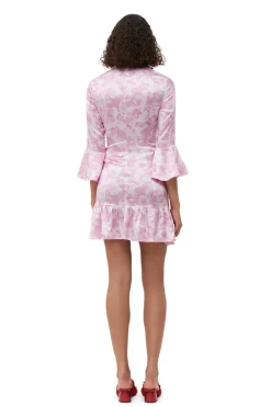 Hot GANNI Silk Stretch Satin Mini Dress Bonbon