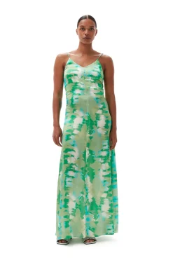 Hot GANNI Silk Stretch Satin Slip Dress Lily Green