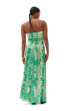 Hot GANNI Silk Stretch Satin Slip Dress Lily Green