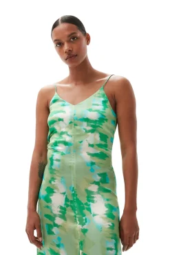 Hot GANNI Silk Stretch Satin Slip Dress Lily Green