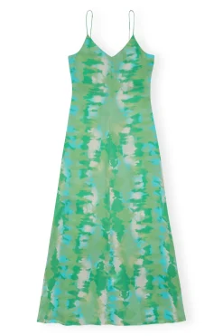 Hot GANNI Silk Stretch Satin Slip Dress Lily Green