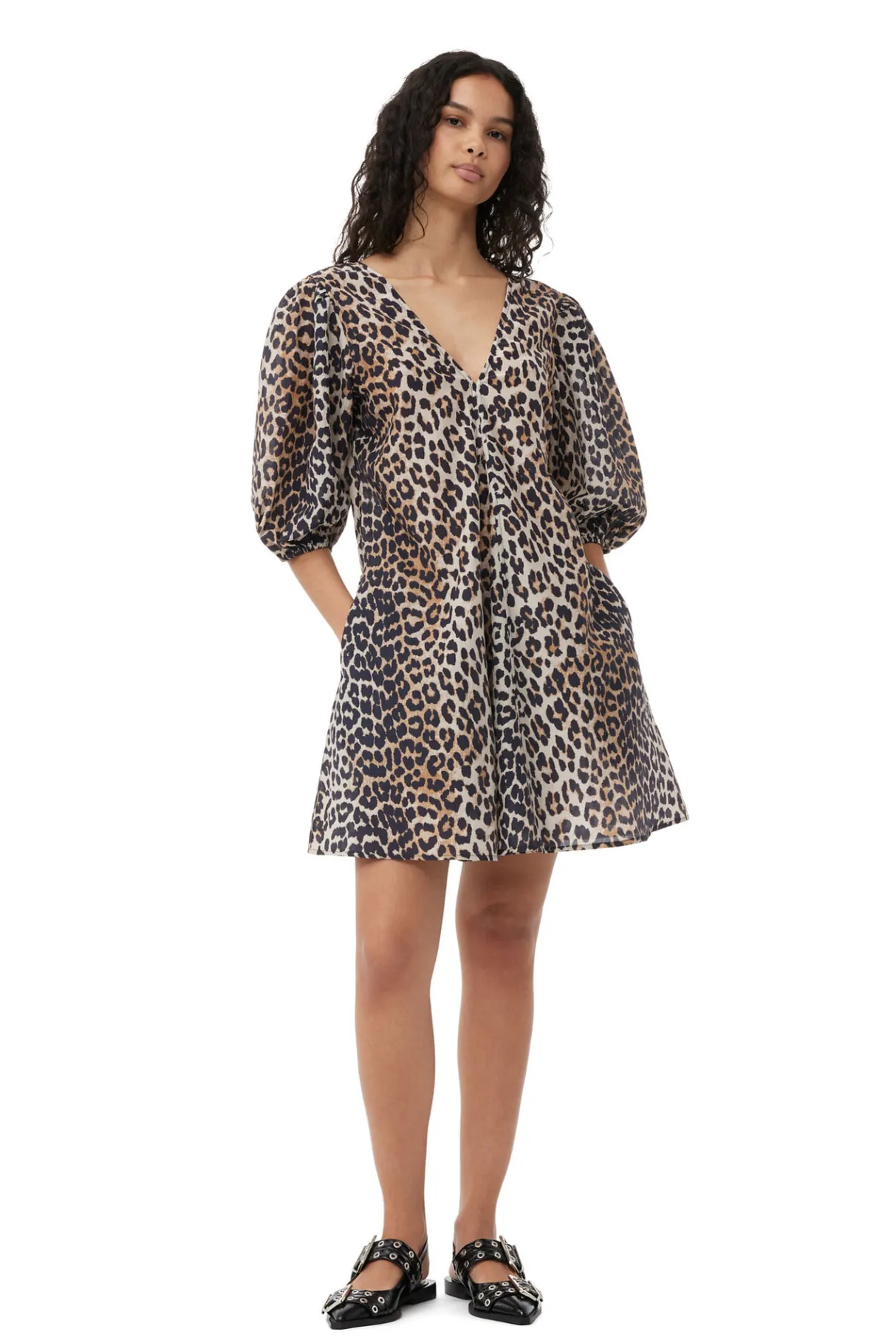 Fashion GANNI Silk V-Neck Mini Dress Leopard