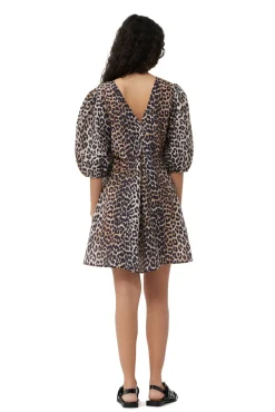 Fashion GANNI Silk V-Neck Mini Dress Leopard
