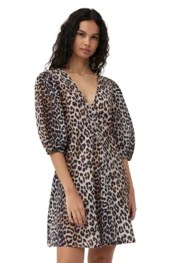 Fashion GANNI Silk V-Neck Mini Dress Leopard