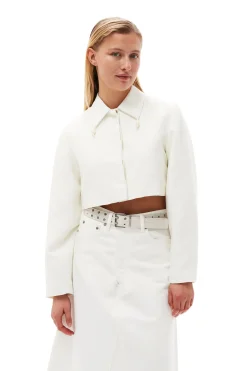 Fashion GANNI Slub Linen Cropped Blazer Egret