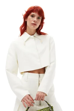 Fashion GANNI Slub Linen Cropped Blazer Egret