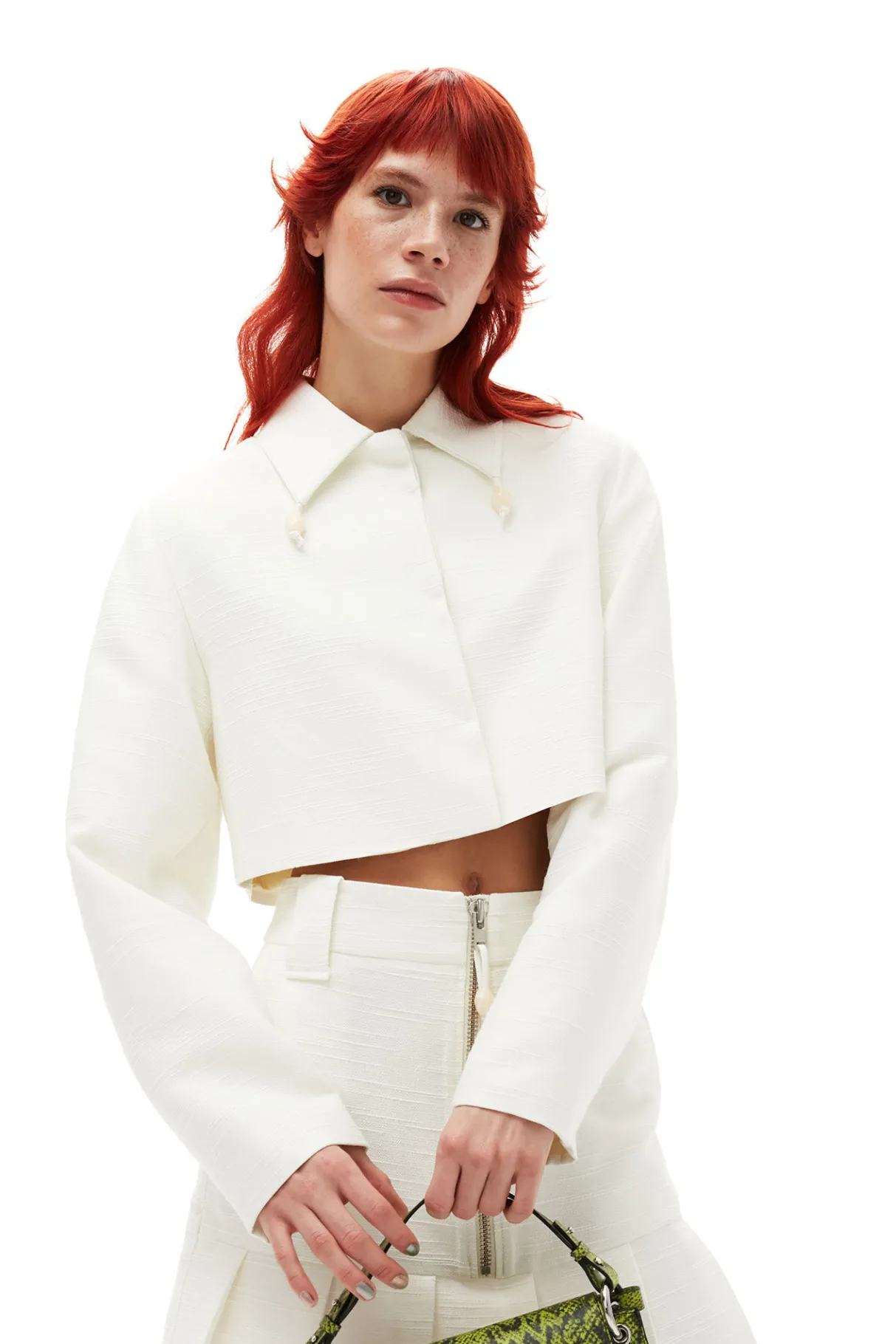 Fashion GANNI Slub Linen Cropped Blazer Egret