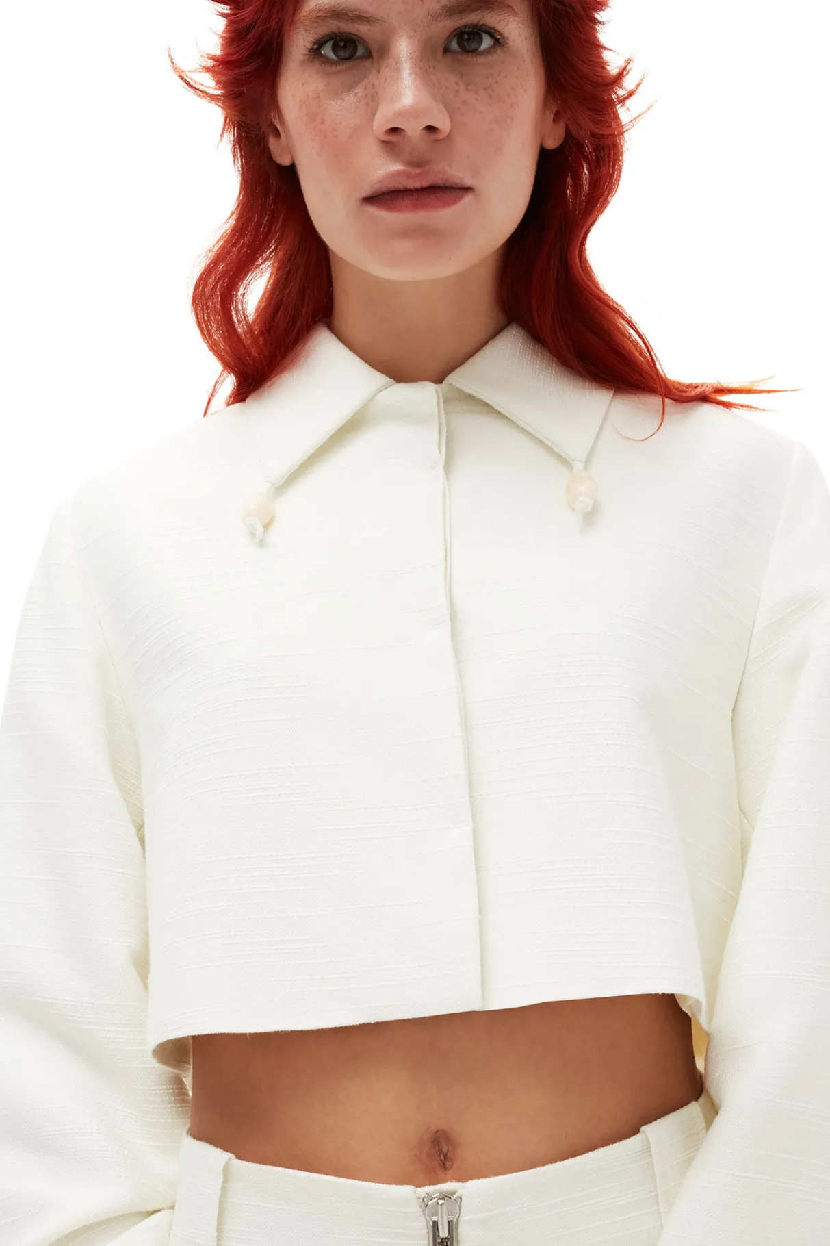 Fashion GANNI Slub Linen Cropped Blazer Egret