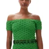 Online GANNI Smocked Satin Off Shoulder Top Classic Green