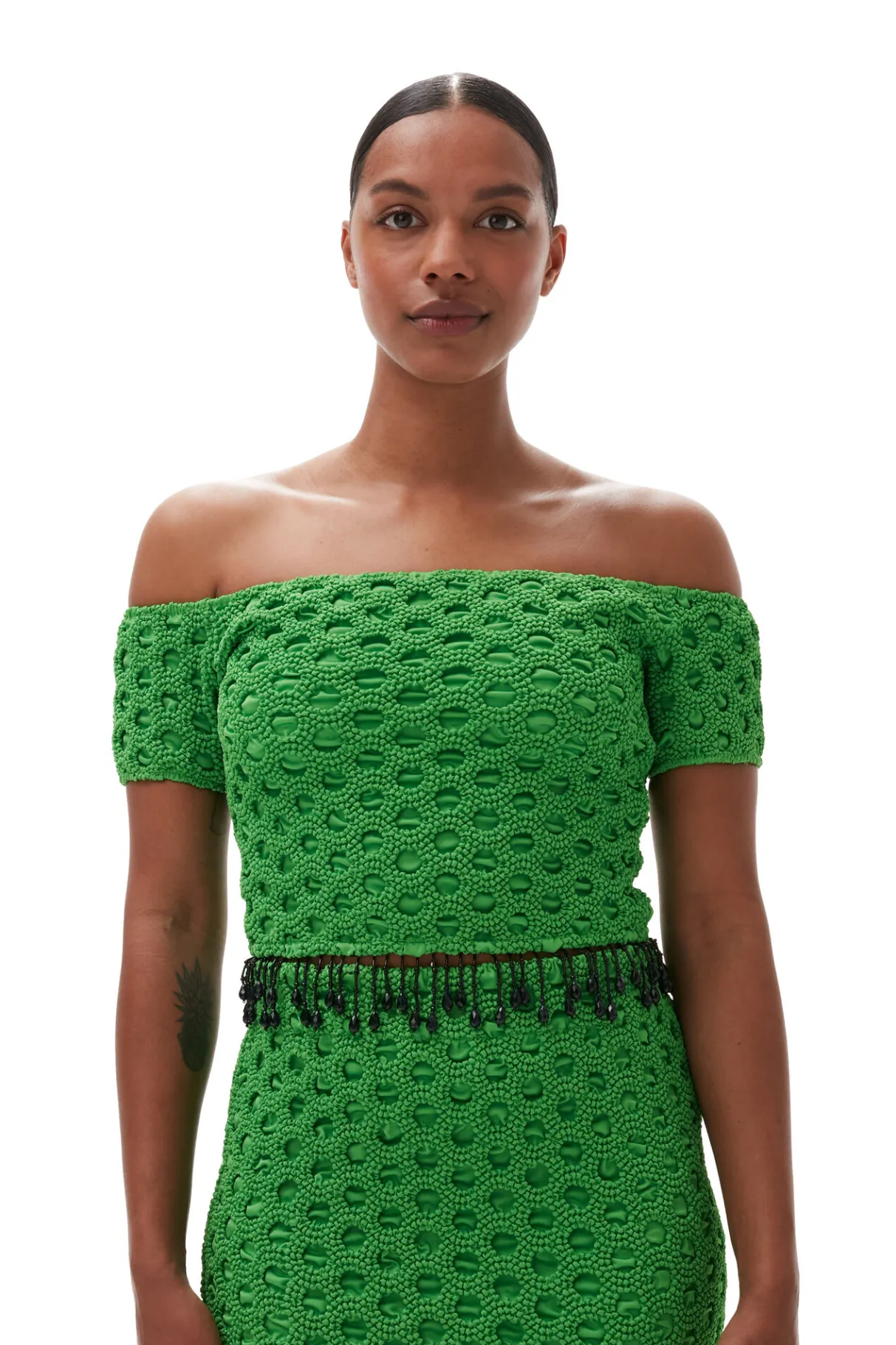 Online GANNI Smocked Satin Off Shoulder Top Classic Green