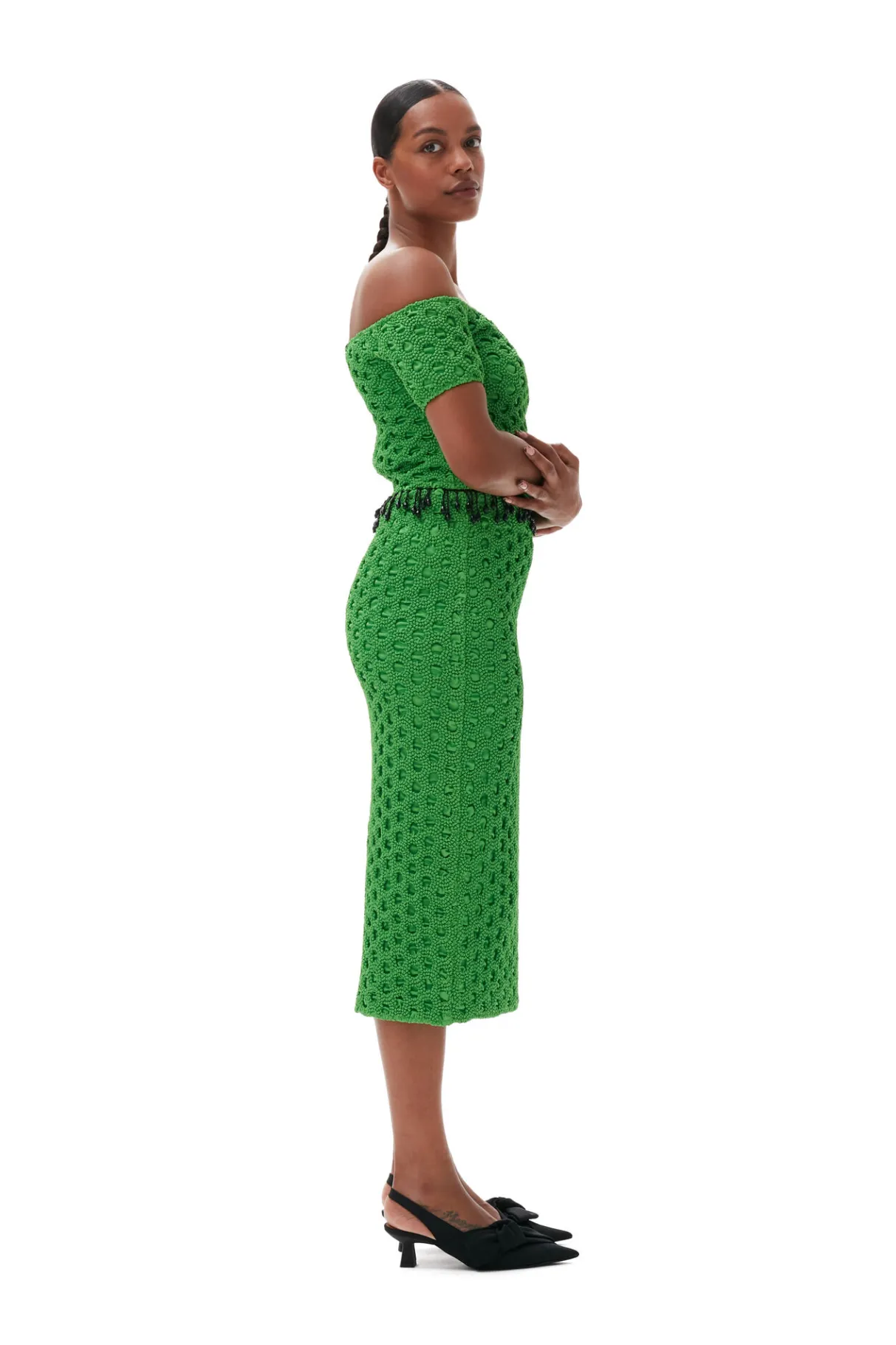Online GANNI Smocked Satin Off Shoulder Top Classic Green