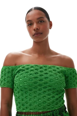 Online GANNI Smocked Satin Off Shoulder Top Classic Green