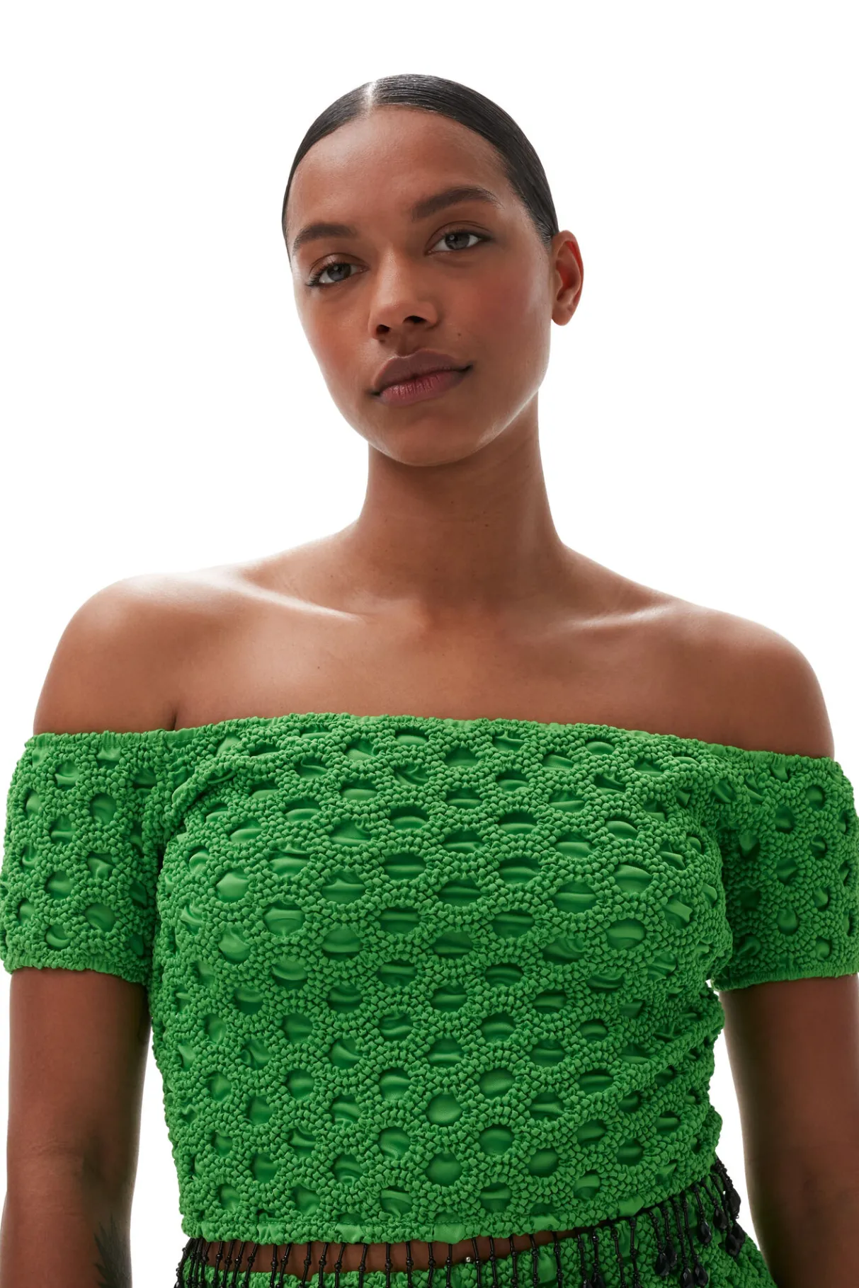Online GANNI Smocked Satin Off Shoulder Top Classic Green