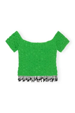Online GANNI Smocked Satin Off Shoulder Top Classic Green