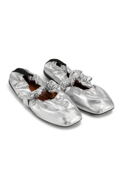 Fashion GANNI Soft Square Toe Scrunchie Ballerinas Silver