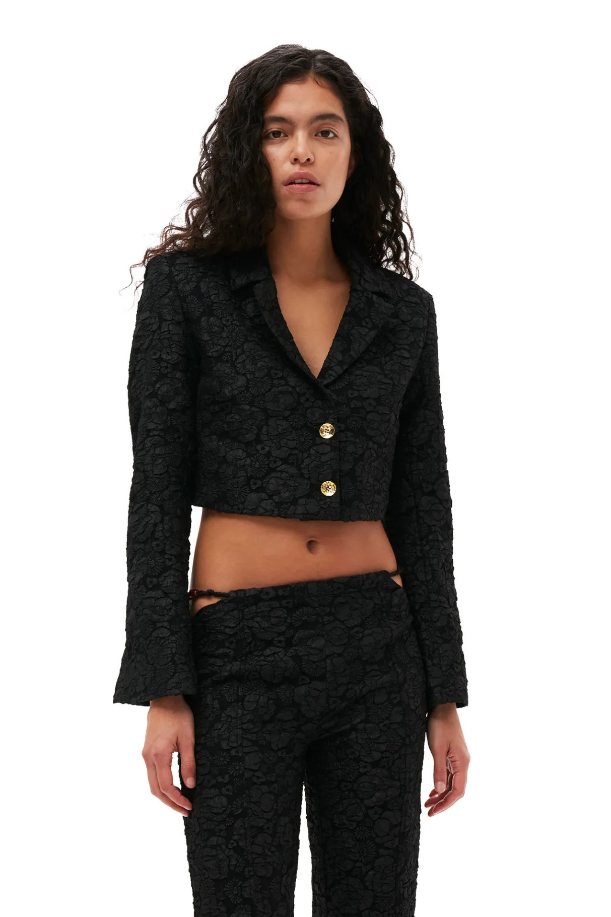 Hot GANNI Stretch Jacquard Cropped Blazer Black