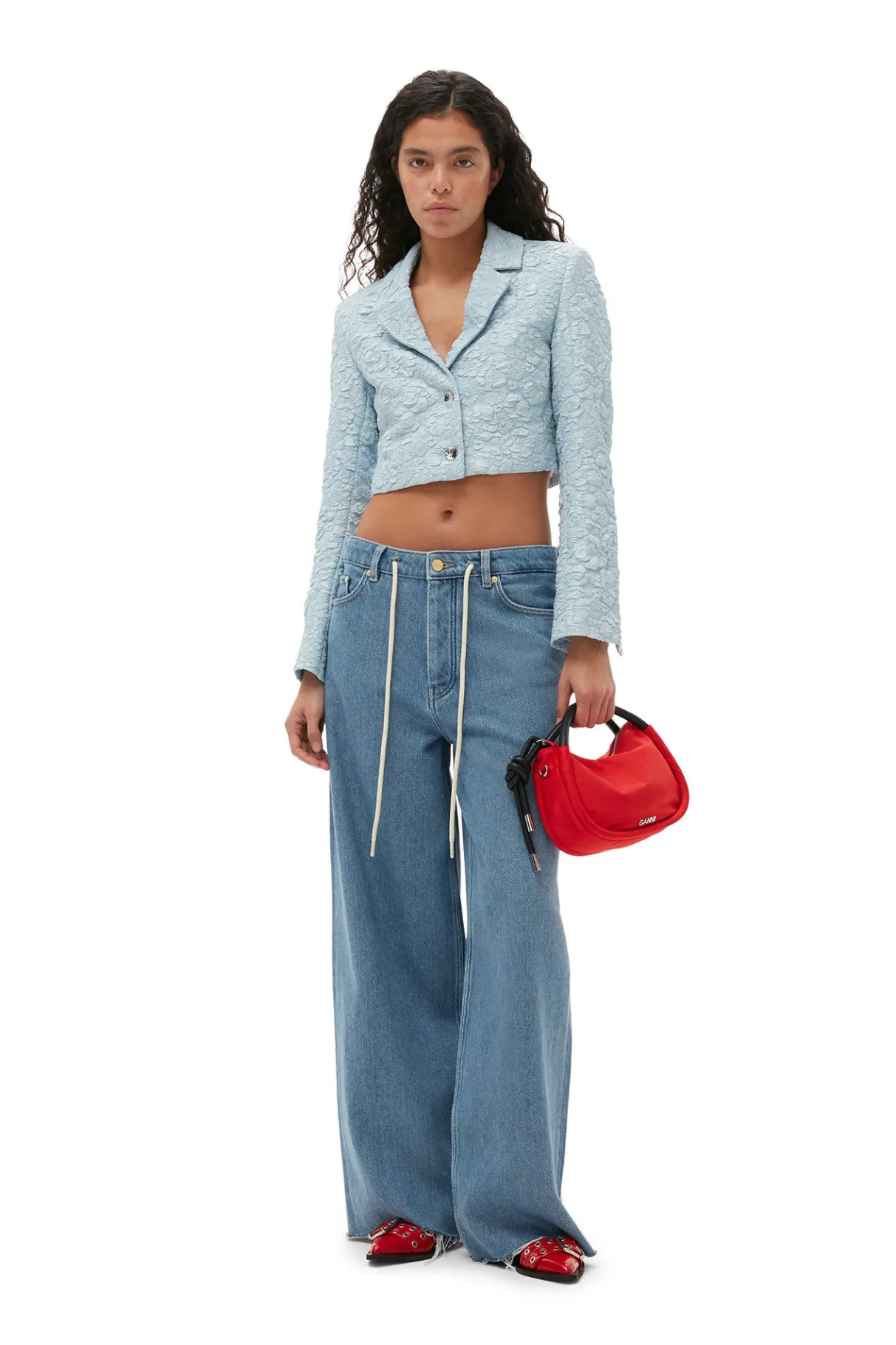 Fashion GANNI Stretch Jacquard Cropped Blazer Sky Blue