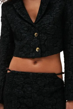 Hot GANNI Stretch Jacquard Cropped Blazer Black