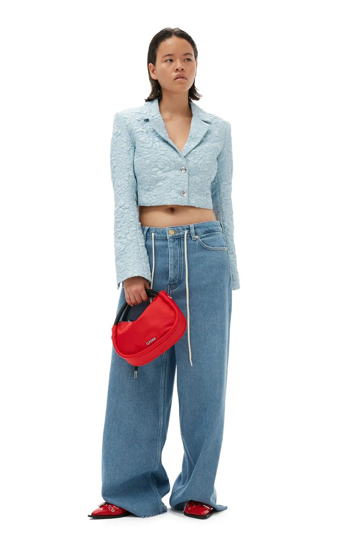 Fashion GANNI Stretch Jacquard Cropped Blazer Sky Blue