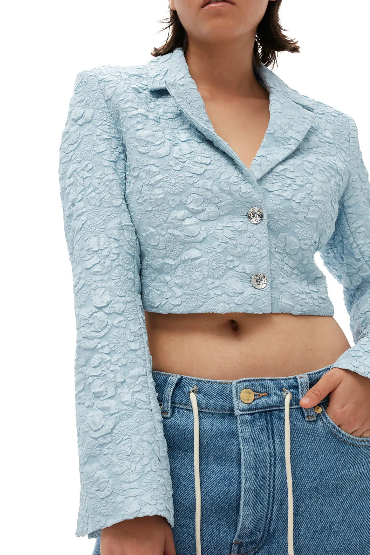 Fashion GANNI Stretch Jacquard Cropped Blazer Sky Blue