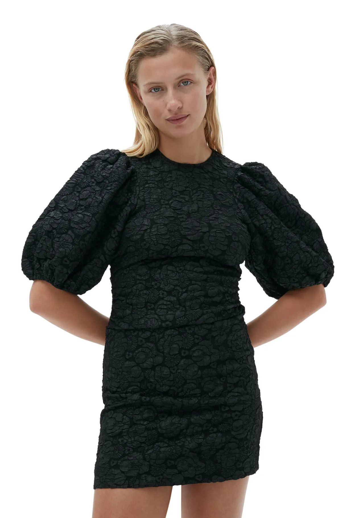 Clearance GANNI Stretch Jacquard Puff Sleeves Mini Dress Black